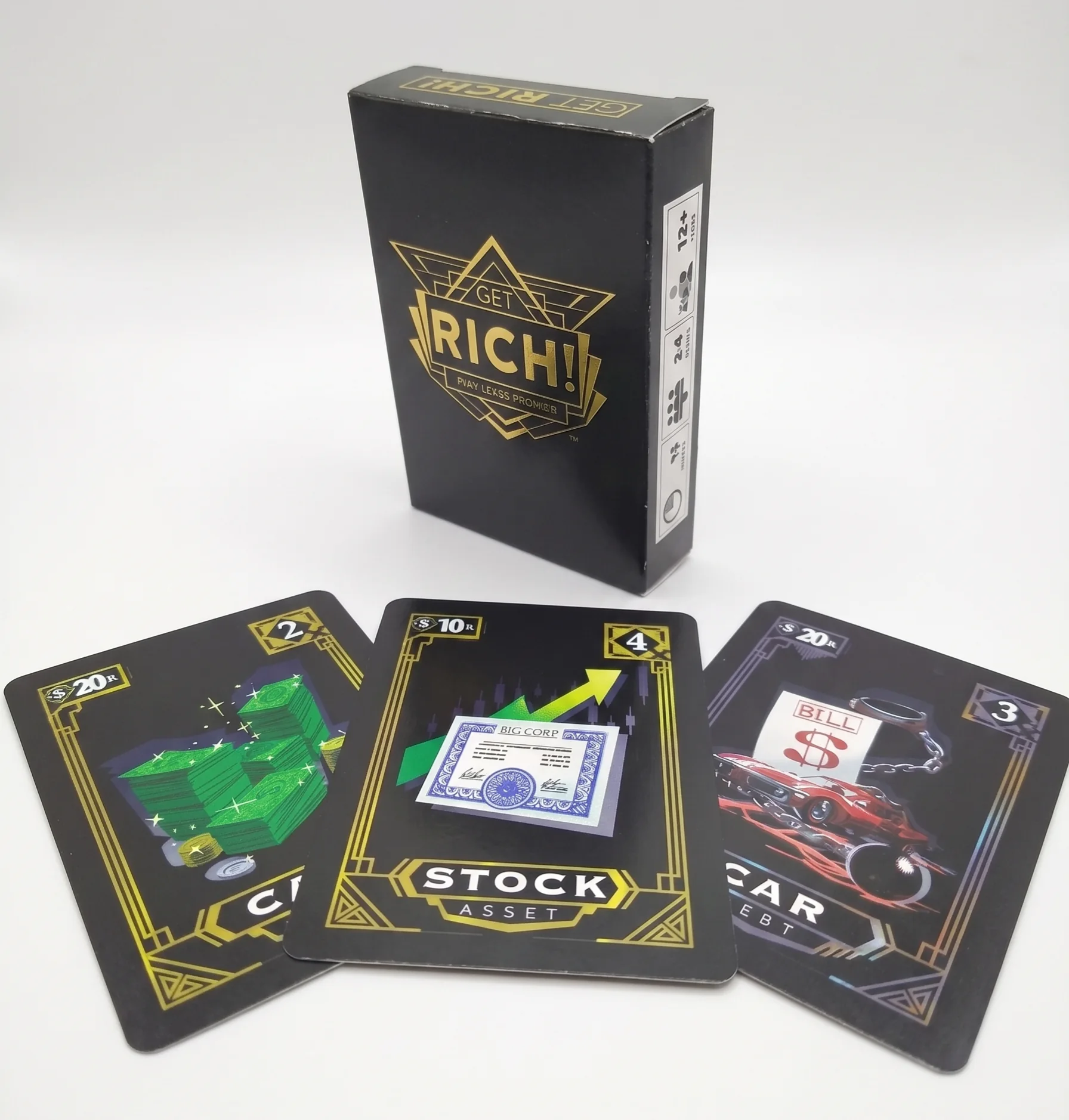 Get Rich! game box with Cash, Stock, and Car cards