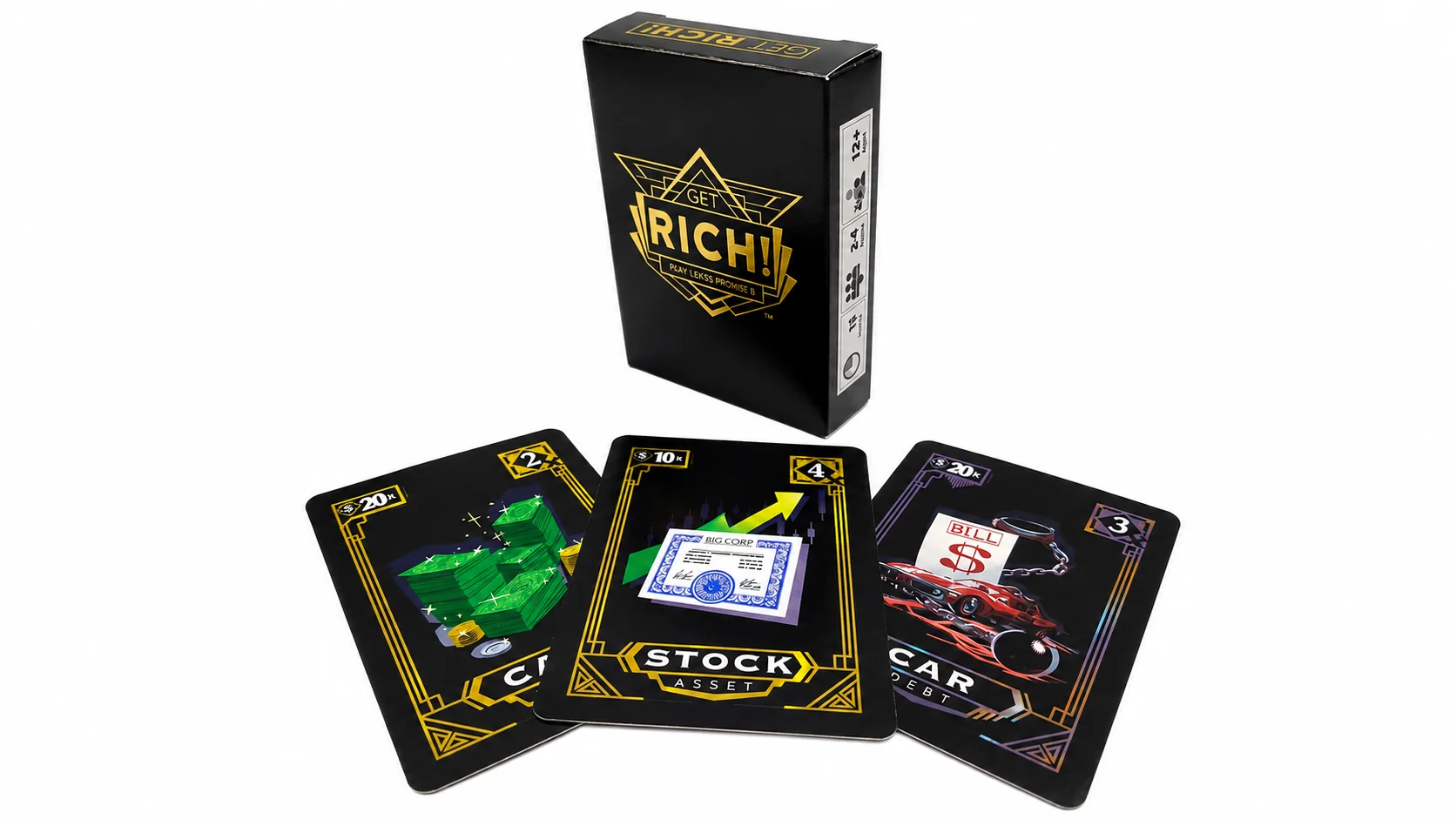Get Rich! game box and three illustrated financial literacy cards